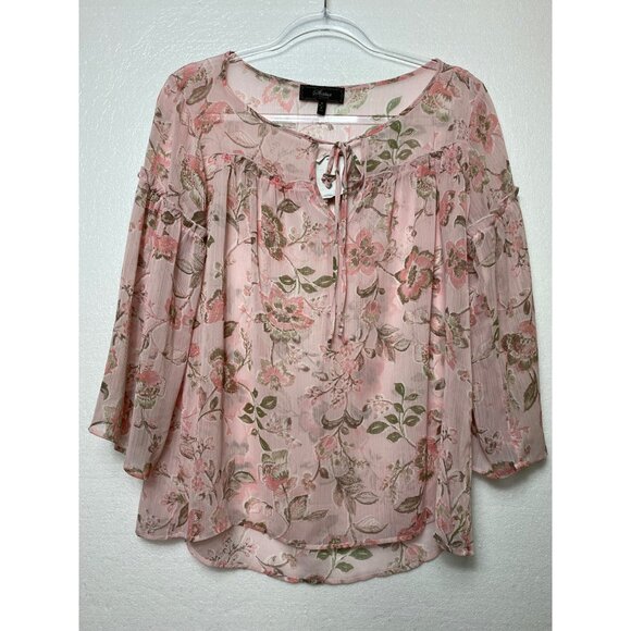 Floral Sheer Blouse With Tie-Neck Rose Pink/Green Medium Boho Peasant Feminine - Picture 1 of 4